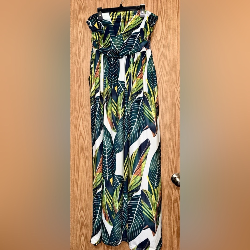 GloryStar Women Strapless Tropical Print Bohemian Maxi Dress w/ Pockets  2XL